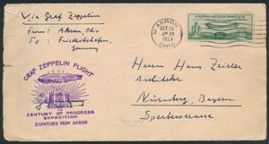 28.10.1933 N° 355Cc (Mi. Zeppelin Specialised), LZ 127 Century of Progress Chicago Exhibition Flugpostkarte versandt von Akron, Ohio nach Nürnberg, Deutschland, frankiert mit 50c Zeppelin-Briefmarke (Michel 358, Katalogwert 100 € auf Postkarte) mit normalem Maschinenstempel, Zeppelin-Flugstempel daneben auf der Vorderseite in Violett und Friedrichshafen-Ankunftsstempel auf der Rückseite in Grün, einwandfrei