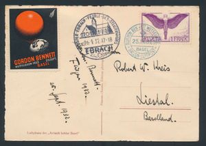 25.9.1932 Gordon Bennett Weather Balloon Flight fotokaart (met afbeelding van een ballon boven Bazel) verzonden naar Liestal, Zwitserland en gefrankeerd met een 1fr luchtpostzegel en de speciale vignette die voor de vlucht is uitgegeven (SBK 26, cat. waarde CHF 50 op brief), zm