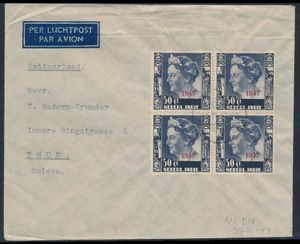 1947 Luchtpostbrief van Medan naar Zwitserland met n° 329 in blok van 4, briefomslag iets gekreukt bovenaan, zm/m