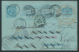 1894 Jolie carte vagabonde de Leyde à Genève, réexpédiée à Bruxelles avec cachet rouge 