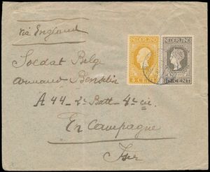 1915 Première Guerre mondiale, lettre rare de La Haye via l'Angleterre vers le front belge de l'Iser, affranchie avec des timbres anniversaire 