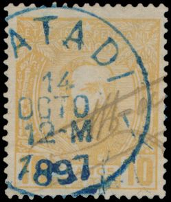 N° 13 '10 Fr ochre-yellow' cancelled Matadi 14 October 1897 and 'Plume' cancellation RARE, with certificate, vf (OBP €600)