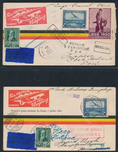Belgien, 4 Briefe jeweils mit PA 1 + N° 299 oder 300 und 2x Vignette Liège 1930, alle mit roter Abbildung Sabena (vorgedruckt), verschiedene Stempel, einwandfrei/schön.
