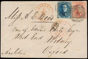 1857 N° 7/8, on cover, both fully margined, cancellation P.4-Anvers, dated 27 August 1857, Witney (Oxford - England), reverse with cancellations including 