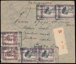 1943, registered letter franked with N° 232 (2x) and 236 (4x) cancelled stamps, rectangular “Poste Militaire Nr 101” postmark dated 17 September 1943, destination Congo, sent by a soldier of the Force Publique in Egypt, British censorship, fine condition and rare, vf