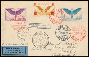 26.4.1933 SWISSAIR Mediterranean Flight brief verzonden op de retourvlucht Zürich - Tunis - Zürich (die vertraging had, zoals ook blijkt uit de omlijnde handstempel op de voorkant) en voorzien van een frankering van 2fr inclusief de postzegel van 35rp (SBK F14, cataloguswaarde CHF 140 op brief), diverse transit- en aankomststempels op de voorkant, ongebruikelijk, zm