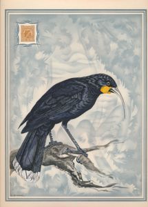 Vogels: Prent groot formaat naar W. L. Buller (1873) met afdruk zegel New Zealand 