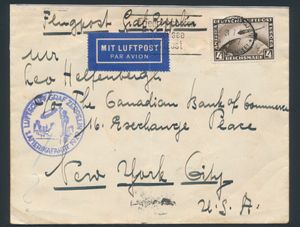 31.7.1929 N° 27a (Mi. Zeppelin Specialised), LZ 127 Amerikafahrt brief naar New York gefrankeerd met een postzegel van 4 RM (Michel 424) met stempel van Friedrichshafen, zeppelinvluchtstempel in blauw ernaast, verticale vouw ver van de postzegel, aankomststempel op de achterkant, zm