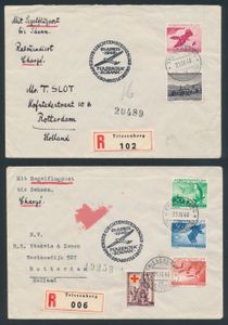 21.4.1946 N° 99 (Mi. Zeppelin Specialised), Eerste Liechtensteinse zweefvliegtuigpostvlucht Masescha-Schaan twee aangetekende brieven verzonden van Triesenberg naar Rotterdam, Nederland, elk gefrankeerd voor 1fr10rp en elk met speciale vluchtstempels op de voorkant en Schaan-landingsstempels op de achterkant, kleine gebreken maar over het algemeen zeer goed, zm