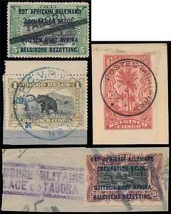 1916/1918, accumulation of 28 stamps mainly of the EAAOB Mols issue, various cancellations including TABORA linear mark, BPCVPK N° 1, Kigoma, Usumbura, Kigoma, Poste militaire, mixed quality, vf/f/to be checked