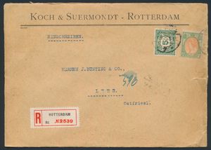 1924 Lettre recommandée de Rotterdam vers l'Allemagne avec affranchissement n° 73 et 107 timbres à laque, classe de poids supérieure, tb