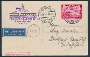 28.6.1931 N° 191b (Mi. Zeppelin Specialised), LZ 127 Schwabenfahrt fotokaart met een postzegel van 1 RM (Michel 455) met Bordpost-stempel, naast het aankomststempel van Böblingen op de voorzijde, evenals een zeppelinvluchtcachet in violet, zm