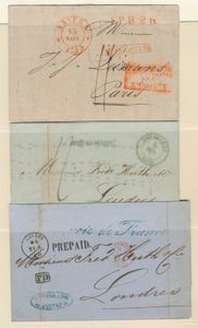 Voorlopers, 3 ex. , vanuit Anvers, Bruxelles naar Frankrijk en Engeland, verschillende porten, zm