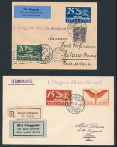 9.9.1925 Zürich - Milaan Eerste vlucht twee brieven, één verzonden naar Milaan en de andere aangetekend naar Bern, de laatste gefrankeerd met de 75rp luchtpostzegel (SBK F11, cataloguswaarde CHF 150 op brief), beide met 
