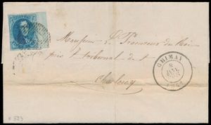 1861 N° 11A Volrandig met rechterbladboord, brief met inhoud, afstempeling P.27-Chimay, dd. 8 januari 1861, naar Charleroi, zm