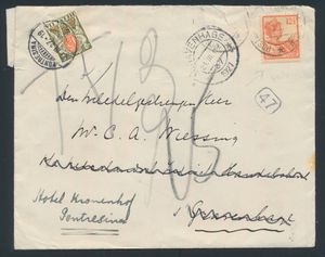 1927 Brief per postagent, Rotterdam naar 's Gravenhage, doorgestuurd naar Pontresina (Zwitserland), alwaar voorzien van strafport, wat ruw geopend, zm/m