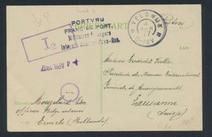 1917 Première Guerre mondiale, carte postale d'Emelo vers la Suisse envoyée par un interné belge avec entre autres des cachets, affranchie, I2, grand rond Veldwijk, rare, tb