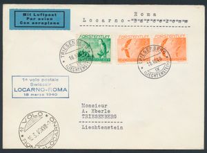 16.3.1940 N° 92 (Mi. Zeppelin Specialised), Locarno-Roma Swissair First Flight brief verzonden van en naar Triesenberg, 80rp luchtpost frankering, speciale vluchtstempel in blauw en Rome landingsstempel op de voorkant, en Triesenberg eindbestemmingstempel op de achterkant, zm