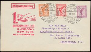 15.9.1930 N° 31b (Mi. Zeppelin Specialised), catapult post cover sent to Laurinburg, North Carolina and carried aboard the 