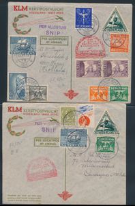 15.12.1934 Nederland - Suriname - Curaçao Vlucht met SNIP-vliegtuig partij van 3 brieven die tijdens de vlucht zijn vervoerd, waarvan er twee gemengde Nederland - Curaçao-frankeermerken hebben, elk met een speciale vluchtstempel in rood, zm