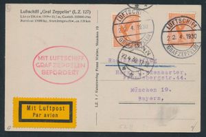 22.4.1930 N° 56b (Mi. Zeppelin Specialised), LZ 127 Bonn Flight fotokaart verstuurd naar München en voorzien van twee 50pf luchtpostzegels (Michel 381) beide gestempeld met Bordpost-stempels, ovale hulpstempel 
