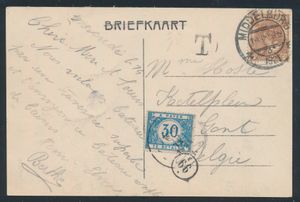 1921 Carte vue S.S. Zeeuws-Vlaanderen de Middelburg à Gand, mal affranchie au tarif frontalier, d'où l'apposition d'un timbre de surtaxe belge, tb
