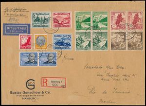 8.3.1939 grote luchtpostbrief, aangetekend verzonden van Hamburg naar Rio de Janeiro, Brazilië, met een indrukwekkende frankering, waaronder se-tenant-blokken uit boekjes, een paar van de 3 RM-luchtpostuitgifte van 1934 (Michel 539), de complete Berlijnse Internationale Auto-Expositie van 1939, enz., ongewoon, zm