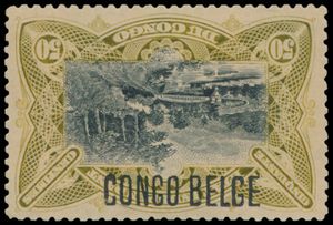 N° 45-Cu ‘50c. olive’ with overprint ‘Congo Belge' typographical reversal pos. 13 of the stamp and pos. 38 of the overprint, superb condition, with certificate (OBP €880)