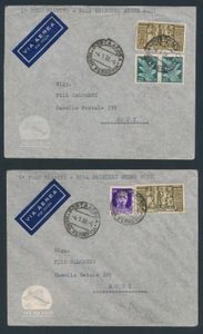 Italie : 4.1.1938 Rome-Brindisi-Athènes-Rhodes Premier vol direct lot de 3 lettres toutes envoyées de Rome à Rhodes (l'une d'entre elles manque le rabat sur le dos), affranchissements décoratifs et oblitérations d’arrivé sur le dos (pour deux d'entre elles), tb