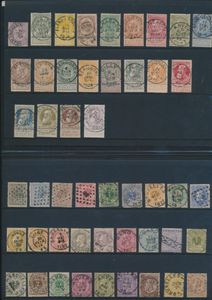 N° 17/80, 48 verschillende zegels, meestal met mooie centrale afstempeling, 10 documenten met zegels van een iets latere periode, zm