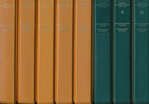 Großes Handbuch der Abstempelungen auf Schweizer Marken 1843-1907 (8 volumes in totaal); F.X. Andres, Hans Emmenegger; Verband Schweizerischer Philatelisten-Vereine; 1969 - 1973; gedrukt; ringmap; Duits; harde kaft (ringbinders); zeer mooi; het belangrijkste naslagwerk op het gebied van Zwitserse poststempels, compleet in 8 delen (5 tekst + 3 illustraties) en met diverse andere artikelen ingevoegd door een vorige eigenaar, blijft een belangrijk instrument voor elke serieuze filatelist met interesse voor Zwitserland, grote kwaliteit, zelden compleet gevonden