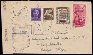 1943 Letter from Fezzan franked by Yv. N° 1, 7, PA 1 and PA 2 sent from Sebha by registered post on 6 June 1943 to Leopoldville, censored in Chad and Congo, 2 sealing wrappers and military control cancel, place of origin and postage are rare!, vf