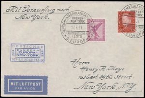 18.6.1931 N° 50b (Mi. Zeppelin Specialised), catapult post cover sent from Braunschweig to New York and carried aboard the 