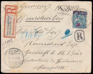 Ethiopië, 1906, aangetekende brief van Addis Abeba naar Romscheid, gefrankeerd met Yv. n° 65 (20 op 1g.), 1x voorzijde en 1x achterzijde, achterzijde bovendien rijk gefrankeerd met zegels 