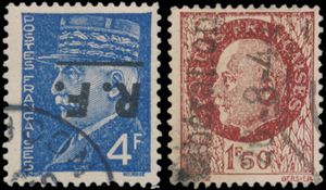 1944 Libération Montluçon n° 1/6 opdruk omgekeerd (volledig) en Beziers 4 waarden, alle met keur Mayer, zm