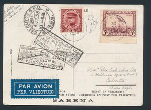 Belgien, PA 4 + Nr. 317, Sabena, AK Antwerpen 30.VII.33, „First airmail, Karachi-Calcutta”, 8. Juli '33, Ankunftsstempel „CALCUTTA 9 JUL 33”, einwandfrei