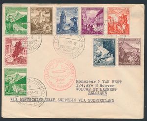 1.12.1938 N° 8Ib (Mi. Zeppelin Specialised), LZ 130 Sudetenlandfahrt brief verzonden van Frankfurt naar Woluve St. Lambert, België en gefrankeerd met 8 van de 9 waarden van de Winter Help-uitgifte van 1938 (Michel 675-677, 679-683) allemaal gefrankeerd met speciale poststempel van Frankfurt, zeppelinvluchtstempel ernaast in karmijnrood, zm