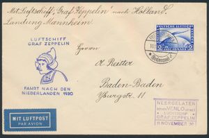 10.11.1930 N° 150Ia (Mi. Zeppelin Specialised), LZ 127 Nederland Vlucht brief naar Baden-Baden, Duitsland gefrankeerd met een 2 RM postzegel (Michel 423) gestempeld door Friedrichshafen poststempel, decoratieve zeppelin vlucht cachet en Venlo speciale aankomst poststempel beide op de voorkant, zm