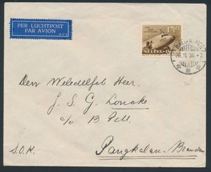 1938 Luchtpostbrief van Balikpapan (Borneo) naar Pangkalan, Brandon (Sumatra) met enkelfrankering n° 239 
