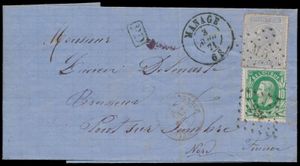 1871 N° 18 en 30, op brief met inhoud, gemengde frankering, N° 18 heeft ambulante stempel 