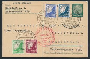 1.12.1938 N° 8Ib (Mi. Zeppelin Specialised), LZ 130 Sudetenlandfahrt 6pf briefkaart verzonden van Frankfurt naar Neustadt an der Tafelfichte (tegenwoordig Nové Město pod Smrkem, Tsjechië) en toegevoegd vier luchtpostwaarden, allemaal afgestempeld met speciale Frankfurtse poststempel, zeppelinvluchtstempel ernaast in rood, zm