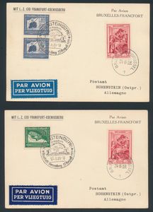 Belgien, Nr. 507 „1 Fr. Rubens” auf 2 philatelistischen Karten, „Bruxelles-Francfort 24-8-39”, „Mit L.Z. 130 Frankfurt-Koenigsberg” mit Marken Reich Mi. Nr. 669 (2x) und 670, einwandfrei