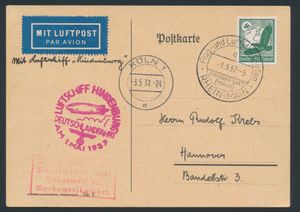 1.5.1937 nr. 63Ia (Mi. Zeppelin Specialised), LZ 129 Duitse luchtpostkaart verzonden vanuit Frankfurt naar Keulen en voorzien van een 50pf luchtpostzegel (Michel 535) met speciaal poststempel van Frankfurt, zeppelinvluchtstempel ernaast en een gekaderd handstempel van 4 regels waarin wordt verklaard dat de vlucht vanwege slecht weer nooit heeft plaatsgevonden en dat alle post daadwerkelijk is vervoerd met de volgende vlucht van 3.5, vandaar het poststempel van Keulen met datum 3.5.37, zm