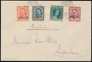 1915 Aangetekende brief met correcte frankering Yv. n° 86/88 (reeks) en 105, zm