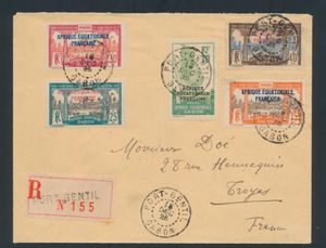 1925 Gabon, nr. 92, 96, 97, 100 en 104 op aangetekende brief, verzonden op 18 december 1925 naar Frankrijk, zm.
