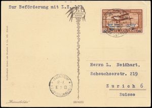 Égypte : 10.4.1931 N° 166 A a I (Mi. Zeppelin Specialised), LZ 127 Egypt Flight carte postale envoyée du Caire à Zurich, Suisse, et affranchie avec le timbre-poste égyptien 50 sur 27 m (Michel 156), cachet d'atterrissage Friedrichshafen, tb