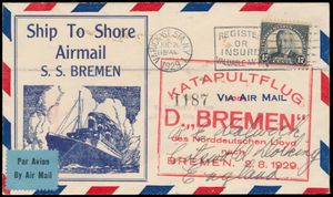 1.8.1929 N° 2a (Mi. Zeppelin Specialised), catapult post illustrated cover sent from New York to England and carried aboard the 