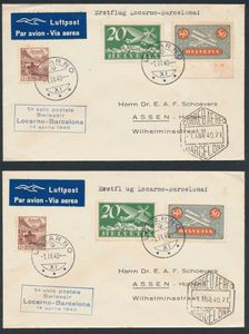 1.4.1940 SWISSAIR Locarno-Barcelona First Mail Flight 2 brieven, beide verzonden naar Assen, Nederland, en beide gefrankeerd voor 70rp, zeshoekige Barcelona landingsstempel op de voorkant, hier en daar wat vlekjes, maar nog steeds een bruikbare partij, zm/m