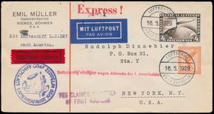 16.5.1929 N° 23b (Mi. Zeppelin Specialised), LZ 127 Amerikafahrt-expresbrief naar New York gefrankeerd met een postzegel van 4 RM (Michel 424) en een andere postzegel van 50 pf, beide afgestempeld met Bordpost-stempel, zeppelinvluchtstempel in blauw ernaast, evenals een enkele rode handstempel aangebracht toen het luchtschip een noodlanding moest maken in Cuers (waardoor de bezorging vertraging opliep), Amerikaanse 