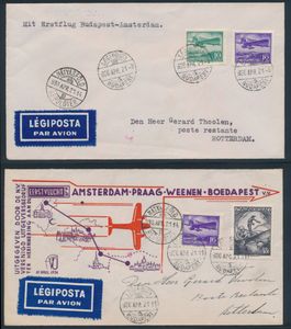 21.4.1936 Budapest - Amsterdam First Flight lot of 3 covers (two of which illustrated) addressed to Rotterdam, colourful airmail frankings, arrival postmarks on back, vf/f